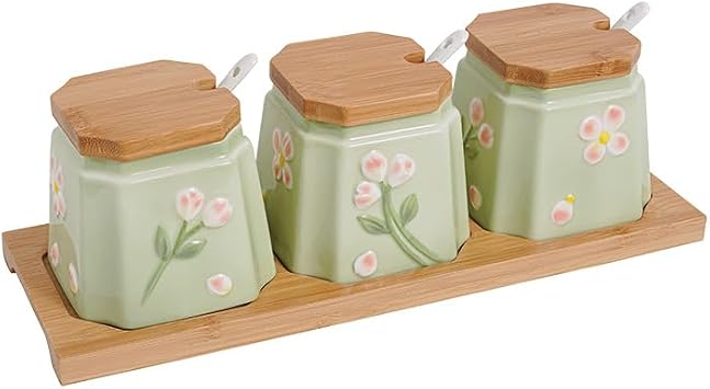 Porcelain Condiment Jar Spice Container with Lids - Bamboo Cap Holder Spot, Ceramic Serving Spoon, Wooden Tray Best Pottery Cruet Pot for Your Home, Kitchen, Counter5.2 OZ, Set of 3