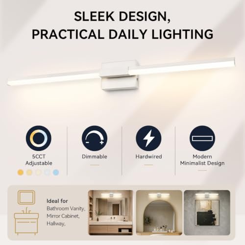 Image of SOLFART Bathroom Lights Over Mirror 40-Inch: Brushed Nickel 5CCT Dimmable Bathroom Vanity Light, Solid Frosted Acrylic, Built-in Dimmer, 360 Degree Rotation, ETL IP44