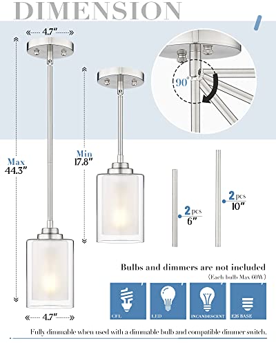 Jazava Modern Pendant Light 1-Light, 2 Pack Adjustable Mini Hanging Ceiling Light With Dual Glass In Brushed Nickel, Perfect For Kitchen Bedroom Hallway #TOP4