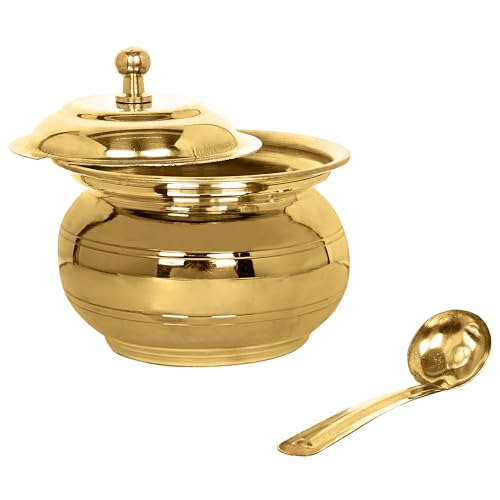 KC Golden Antique Brass Multipurpose Ghee Pot/Pickle Container 250 ML with Embossed Designer Spoon