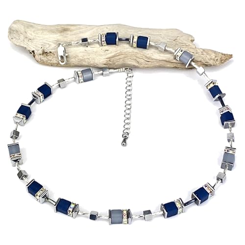 Handgemachte Hals Kette mit Polaris Würfel und Hämatit Edelstein sowie einem Edelstahlverschluss mit Verlängerung (Blautöne)