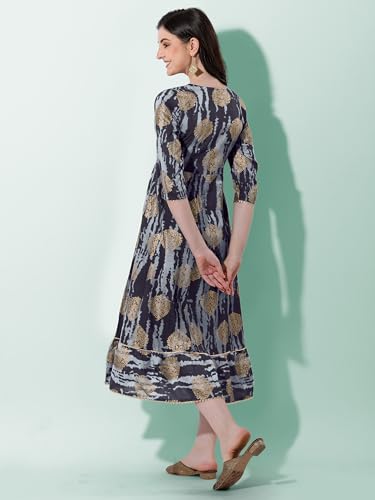 Image of MIRCHI FASHION Women's Cotton Relaxed Fit A Line Sequins Embroidery Work Foil Printed A-Line Kurti Only
