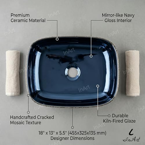 Image of InArt Designer Ceramic Wash Basin /Vessel Sink /Over or Above Counter Top Wash Basin for Bathroom Rectangle Shape Blue Color 18 x 13 x 5.5 Inch