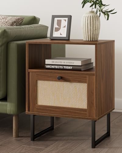 Image of Masupu Extra Large Rattan Nightstand,Modern Boho Farmhouse Wood Bedside Table with Storage Drawer and Open Shelf, Black Frame Side End Table for Bedroom,Living Room,Office (Walnut)
