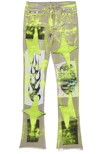 Men's Edge Grey/Yellow Roller Paint Stacked Flare Jean2