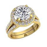 SilverQ 2 Ct Round Cut Diamond Halo Bridal Engagement Ring Set For Women 14K Gold Plated Half Eternity Wedding Band Set 925 Sterling Silver Handmade Cocktail Solitaire Accent Jewelry