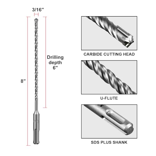 Image of SALI SDS Plus Rotary Hammer Drill Bit 10PCS 3 /16 inch*8 inch Concrete Drill Bit Kit Cross-Type Double Thread Carbide Material Suitable for Concrete, Brick, Cement Walls, Stone, Hammer Drill Bits for Concrete