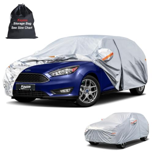 Image of kayme 6 Layers Car Cover Waterproof All Weather for Automobiles, Outdoor Full Cover Rain Sun UV Protection with Zipper Cotton, Universal Fit for Hatchback (Up to 177 inch)