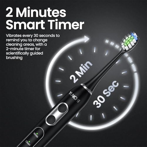 YUNCHI C3 Elektrische Schallzahnbürste für Erwachsene, 8 Bürstenköpfe und Reiseetui, Wiederaufladbare Elektrische Zahnbürste mit 5 Modi und USB Typ-C Aufladung, Mittelweiche Borsten, Schwarz – Bild 7