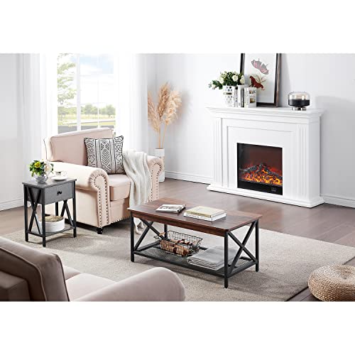 Vecelo Vintage Nightstand, End Side Table With Drawer And Shelf, Home Decoration For Living Room Bedroom, X-Shape Legs And Water-Proof Surface, Hemp Gray, (Set Of 2) #TOP5