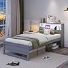 Giantex Twin Bed Frames with Storage Headboard Wood Platform Bed with Charging Station LED Light Single Bed with Slats Support Under Bed Space Twin Bed Frames for Kids Girls Boys Grey