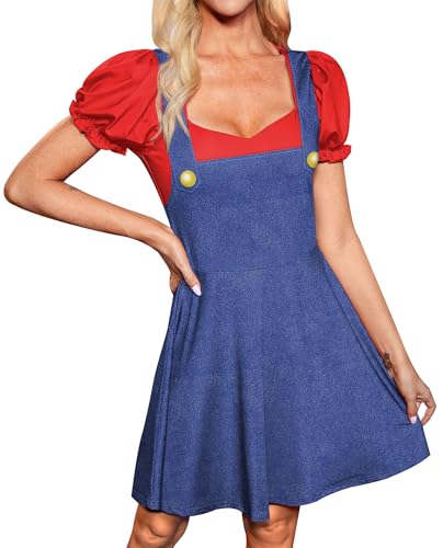For G and PL Women Halloween Elastic Waist Maryo Short Puff Sleeve Tunic Dress Cosplay Party Holiday Aline Costume Hero Blue XL