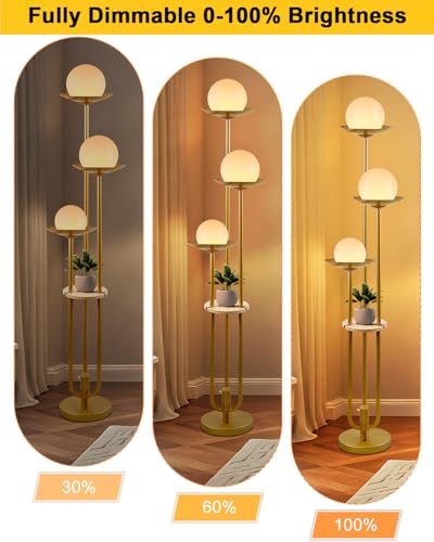 Image of Lightdot 3-Light Globe Floor Lamp with Shelf Modern Dimmable Floor Lamps for Wedding /Party, 3000K Warm White Bulbs Included, Gold Tall Standing Lamp for Living Room /Bedroom /Sofa Beside /Corner Decor