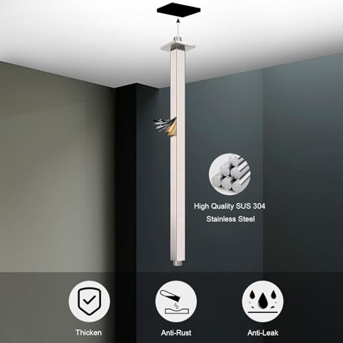 Image of Ceiling Mounted Shower Arm, Rain Shower Square Extension Arm with Flange and Teflon Tape Stainless Steel Ceiling Mount Shower Extender (24 Inch, Brushed Nickel)