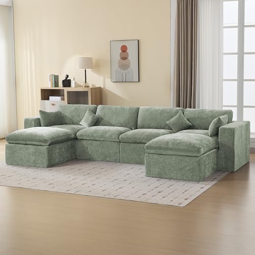 Image of 146''Cloud Boneless Sectional Couch, Modular Sectional Sofa Deep Seat with 2 Ottomans, Oversized Upholstered Convertible Comfy 6 Seater Chenille Sofa U Shape Couches for Living Room, Green
