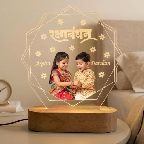 Image of Raksha Bandhan Personalized LED Table Lamp - Custom Photo Multicolor Acrylic Night Light for Brother & Sister - Name Printed Festival Gift