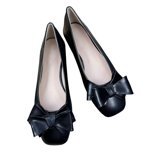 JiangWei Shu Women's Square Toe Ballet Flats Bowknot Suede Slip On Dress Shoes Comfort Soft