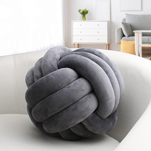 IIQI Knot Ball Pillow, Soft Knotted Cushion for Home Decor【1 Free Washing Bag Included】 Round Throw Pillow Lumbar Pillows (Dark Grey,22cm)