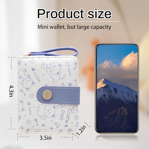 Women Wallets, PU Material Small Womens Wallets Small Cute Wallet for Woman, Lovely Cat Patterns Credit Card Holder Wallets with Zipper for Cash, Keys, ID Cards, Coin (Blue)2