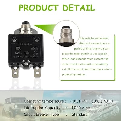 8A Manual Reset Push Button Circuit Breaker 125/250V AC 50V DC Thermal Overload Protector with Quick Connect Terminals and Waterproof Button Caps Assortment Kit(Pack of 1 pcs)