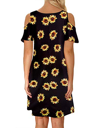 Tanst Sky Women Cold Shoulder Dress Floral Printed Short Sleeve Sundress with Pocket3