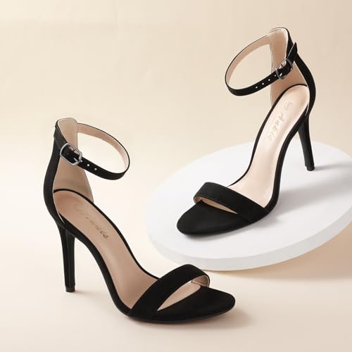 Image of Ankis High Heels for Women 4 Inches, Black Nude Gold Stiletto Heels Open Toe Ankle Strap Heeled Sandals for Dressy Wedding Party