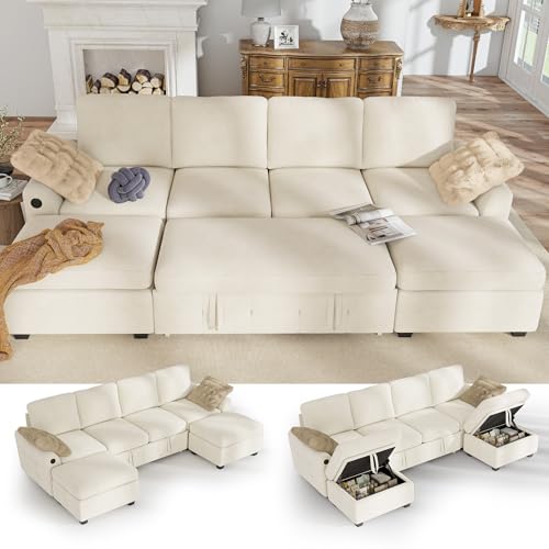Image of Hanherry 104 inch Sectional Couch with Pull Out Sofa Bed,Chenille Sleeper Sofa with Storage Ottoman & USB Charging,Comfy U Shaped Modular Couches for Living Room,Apartment