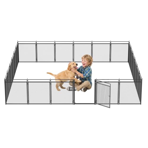 Image of Dog Playpen with Safety Mesh, 32 inch Height 24 Panels Metal Dog Fence Indoor Outdoor, Portable Dog Kennel for Camping, Yard & RV | Black-Silver