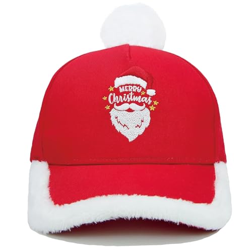 Hatwell Christmas Santa Baseball Cap for Adult, Funny Plush Embroidered Cotton Xmas Hat for New Year party with Fuzzy Fur Pom