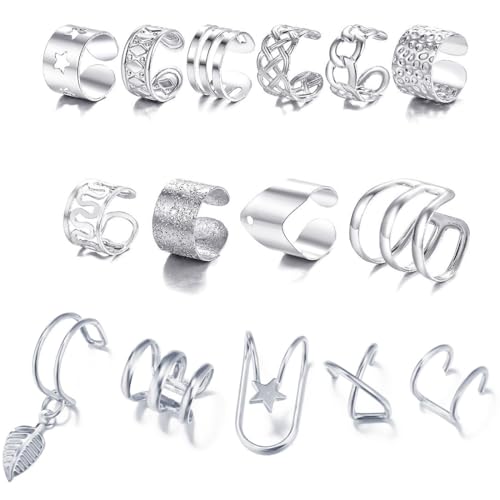 IBXWMNG 15PCS Orejeras para Mujer, Pendiente Sin Piercing, Brazalete de Plata, Clips para las Orejas, Pendientes, Orejeras y Envolturas para Mujer, Orejera Gruesa