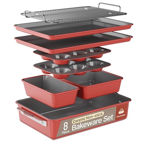 Pink 8-Piece Ceramic Coated Bakeware Sets, Nonstick Aluminized Steel Pans with Muffin, Loaf, Cake, Roasting, Sheet Pans & Cooling Rack, Oven Safe to 500°F, Dishwasher Safe, BPA, PTFE & PFAS Free by BAKKENMASTER - Used condition - CA$92.64