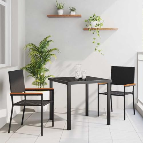 FWIKDUN Moderne Garten Essgruppe mit Kissen 3 Stück Schwarz Poly-Rattan Tischgruppe für Terrasse und Balkon mit Sicherheitsglas und wetterfesten Polstern