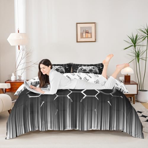 Image of Manfei Videogames Reversible Duvet Cover Set Queen Size, Geometric Honeycomb Gameapd Comforter Cover with 2 Pillowcases, Modern Gamer Bedding Set 3pcs for Kids Boys Gaming Bedspread Cover,No Comforter