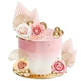 Tortendeko Blumen 19 Stück Boho Tortendeko Rosen Dahlien Ginkgoblatt Papierfächer Torten Deko Kugeln Kuchendeko Rosa für Geburtstag, Hochzeit, Babyparty