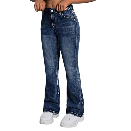 Teen Girls Bell Bottom Ripped Jeans Retro High Waist Flare Denim Pants Kids Fall Fashion Straight Long Trousers Pockets