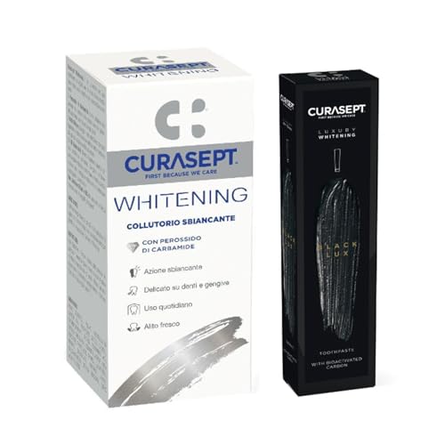 Curasept Black & White | Dentifricio Luxury Black 75ml + Collutorio Whitening 300 ml | Azione Antibatterica, Protezione Gengive e Sbiancamento Denti