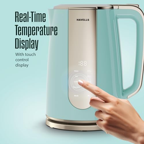 Image of Havells CRAFT Kettle | OptiHeat Tech for Custom Temperature Setting | Real Time Temperature Display |12 Hour Keep Warm Function | Strix Controller for 5x Lifespan | 3x Safety Protection (Blue & Gold)