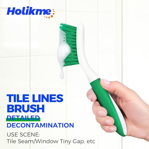Holikme Cleaning Brush Set for Household Use, Scrub Brush, Kitchen Brush, Tile Lines Brush for Bathroom, Floor, Tub, Shower and Kitchen Surface (Green) - Image 4