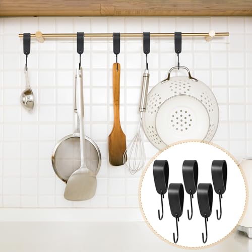 GGXZHT 10 Stück S Haken mit Schwarz Lederschlaufe - Kleiderhaken zum Einhängen aus Echtem Leder & Edelstahl- Fleischerhaken für Kleiderstangen Stange,Garderoben Badezimmer und Camping.