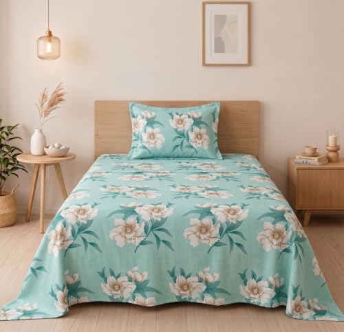 Image of BSB HOME 210 TC Cotton Feel Single Bedsheet with 1 Pillow Cover, Soft & Breathable Floral Printed Bed Sheet, Fade Resistant, Bedding for Home & Bedroom, 60 x 90 Inches (152 x 229 cm) (Seafoam Green)