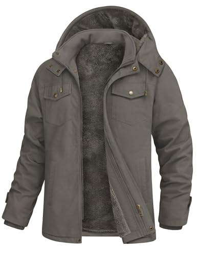 Lonya Chaqueta Hombre Tipo Bómber Invierno Militar Cazadora Jacket Chaquetas de Trabajo Forro de lana Bolsillos Múltiples Cortaviento Casual Cálida de Algodón Cortavientos con Capucha, Gris Oscuro, L