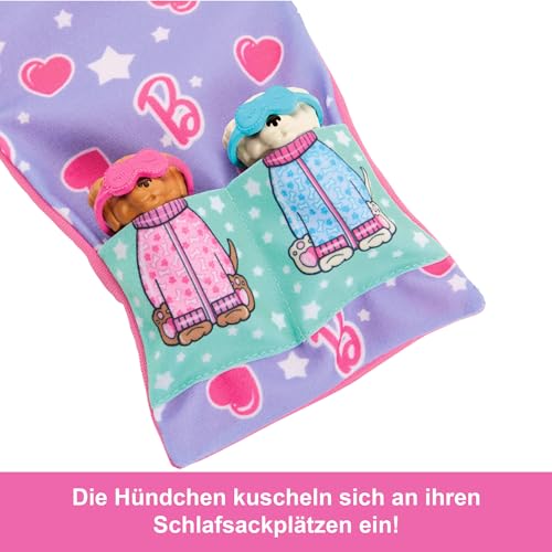 Barbie-Puppe und Spielset mit 2 Spielzeughunden und mehr als 10 Zubehörteilen, Welpen-Pyjama-Party mit Farbwechseleffekt, Schlafsack, Schlafmaske und mehr, HXN01
