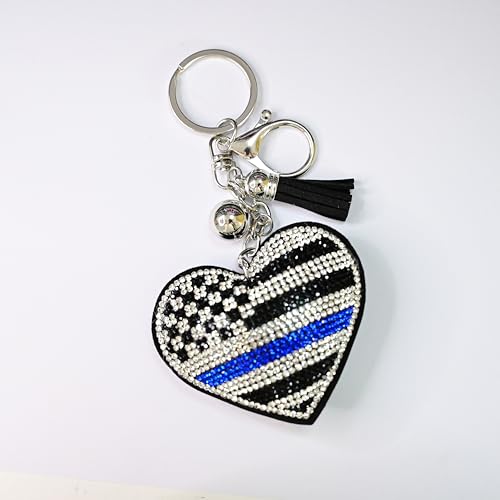 2-Pack Thin Blue Line Heart Keychain - Rhinestone Embellished Accessory for Law Enforcement - Perfect for Keys, Bags, or Backpacks - 2.48 x 2 Inches