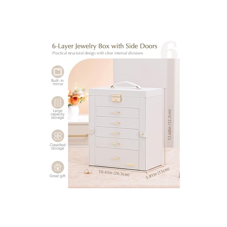 Homde Jewelry Box Large for Women: 6 Layers 5 Drawers Organizer with Mirror for Ring Earring Necklace - Storage Holder with Lock for Dresser (White) - Image 3
