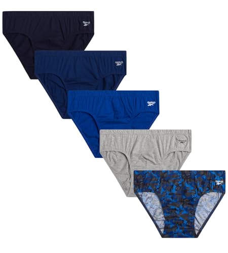 Reebok Mens Low Rise Briefs - 5 Pack Soft Mens Cotton Underwear Briefs with Supportive Contour No Fly Pouch for Everyday Wear, Size Large, Blues/Print/Grey Heather