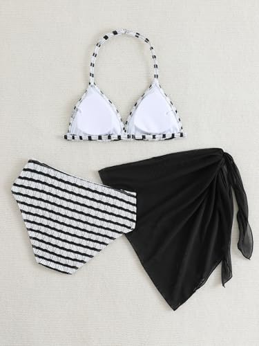 Image of SEGT Girl's 3 Piece Striped Bikini Swimwear Cute Swimsuits Bathing Suit High Waisted with Cover Up Beach Skirt