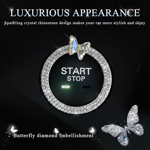 Image of DXNQ 2PCS Bling Ring Emblem, Sparkling Butterfly Car Buttons and Knobs Ring, Girly Butterfly Diamond Car Engine Start Button Cover, Key Ignition Knob Rings Decoration for Women (White, Double Row)