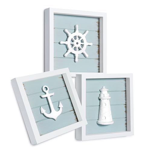 Image of TideAndTales 3D Nautical Wall Decor (7"x7"), Coastal Theme Home Decorations with Anchor, Lighthouse and Ship Wheel, Rustic Ocean Inspired Bathroom Decor - Nautical Gifts - Framed Set of 3