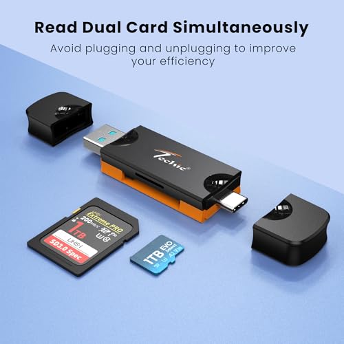 Image of Techie 2 in 1 USB A and USB C Card Reader with SD and Micro SD Slots, Fast Data Transfer, Plug and Play for Laptop, MacBook, iPad Pro, Tablet, Camera, Black Orange
