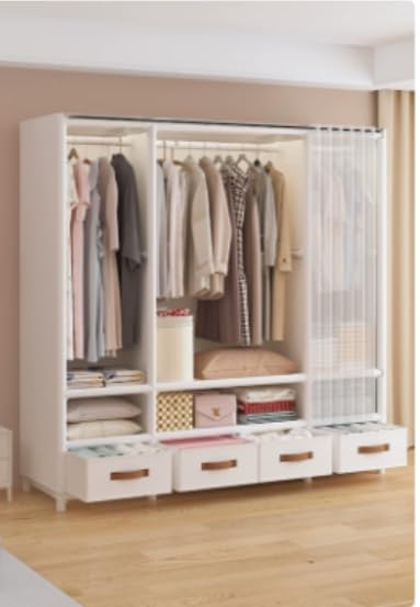 ワードローブ カバー付きハンガーラック 引き出し付き 簡易クローゼット ポータブル収納棚 防湿・防塵・防カビ 大容量 高耐荷重 組立式 日本語説明書付き 洋服収納 ワードローブ (3列 幅 140× 奥行 45× 高 165.5cm 白) [並行輸入品]